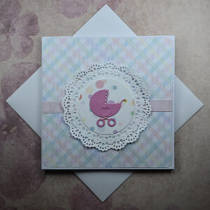 Pink Tartan New Baby Girl Card and Tag